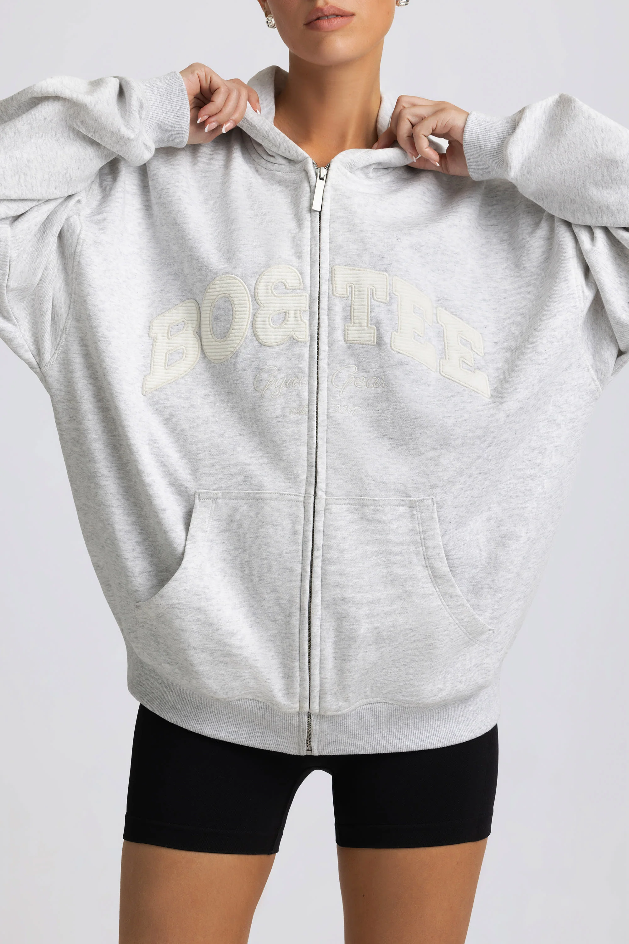 Oversized Zip-Up Hoodie in Grey Marl - Image 5