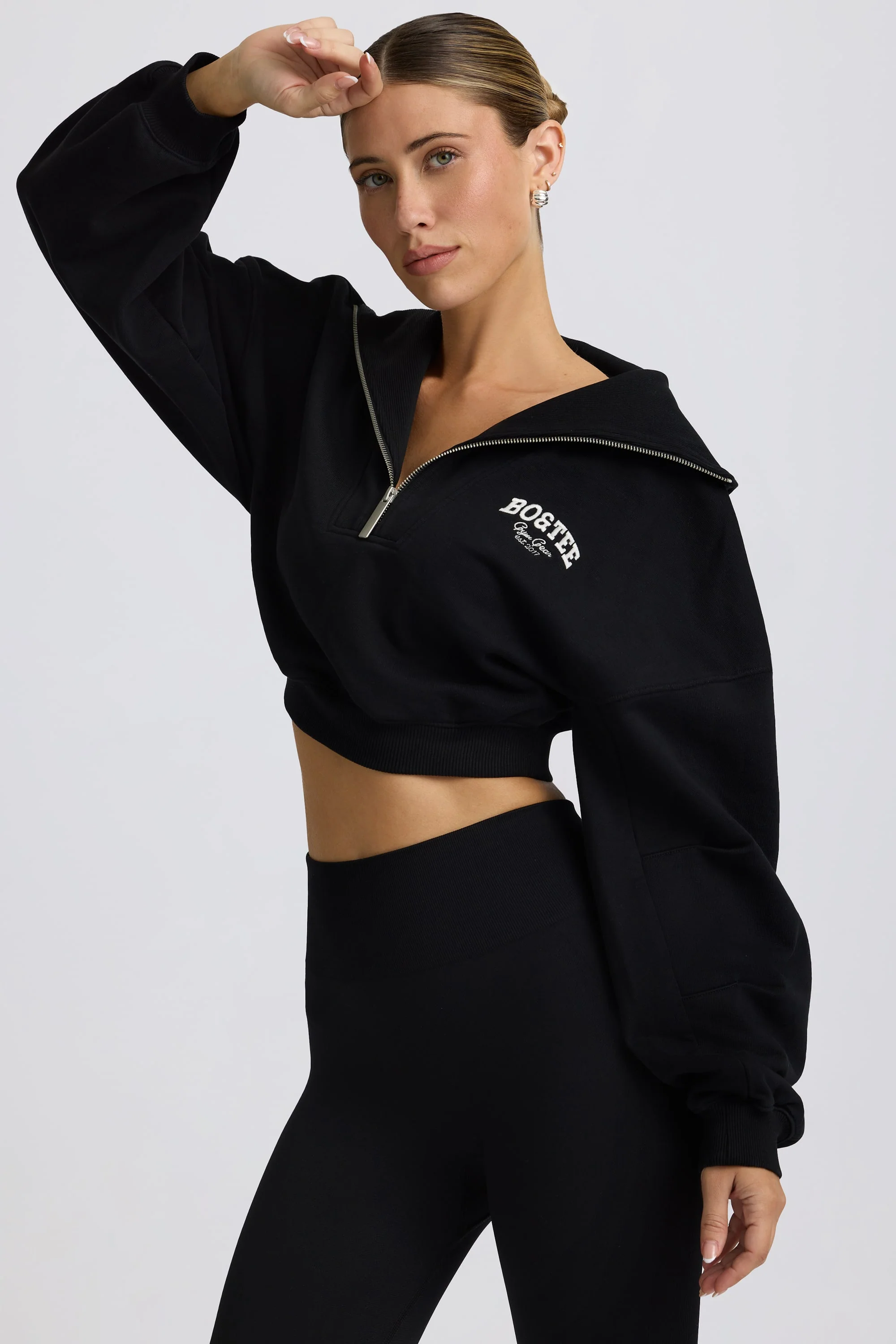 Quarter-Zip Cropped Sweatshirt in Black - Image 3