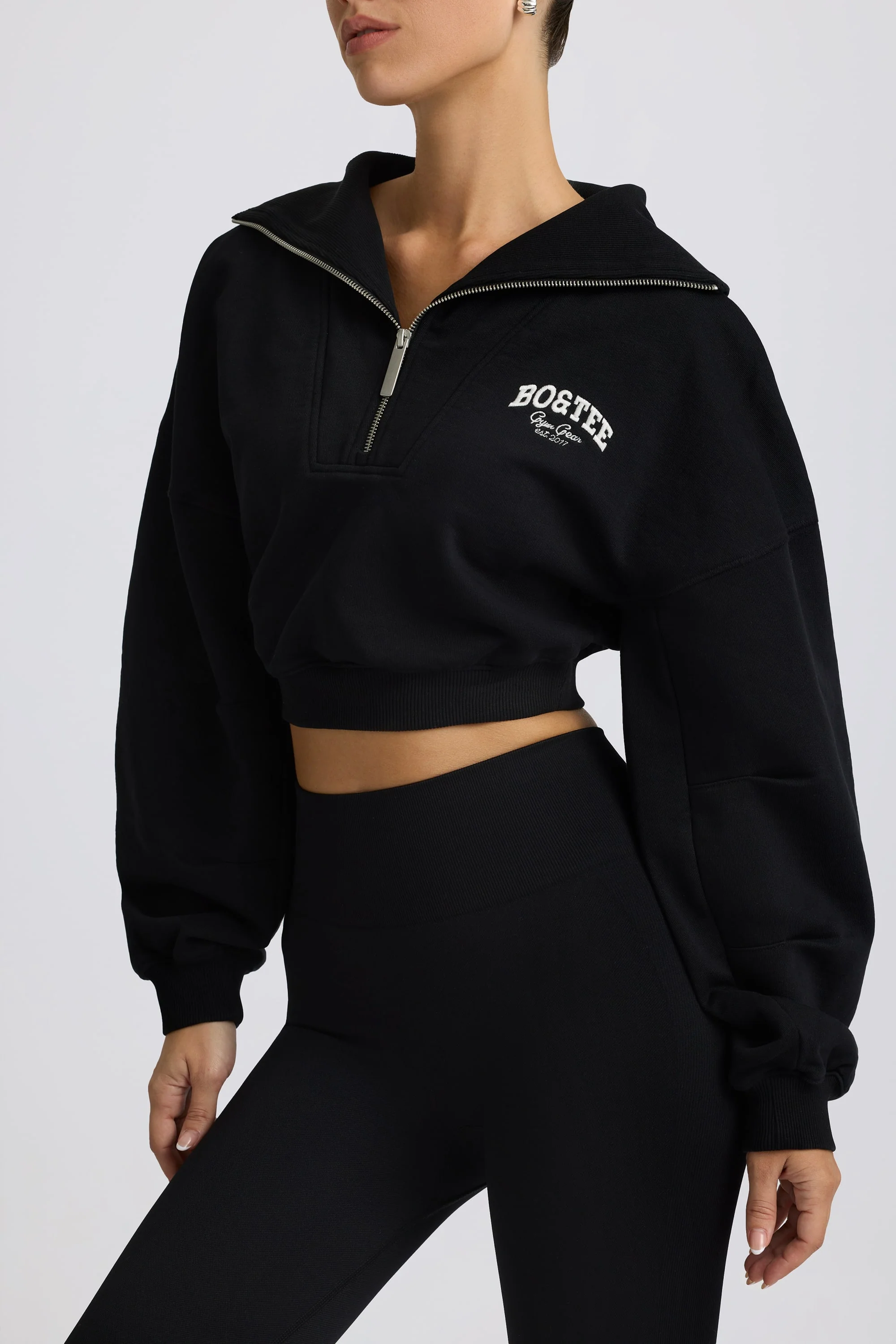Quarter-Zip Cropped Sweatshirt in Black - Image 4