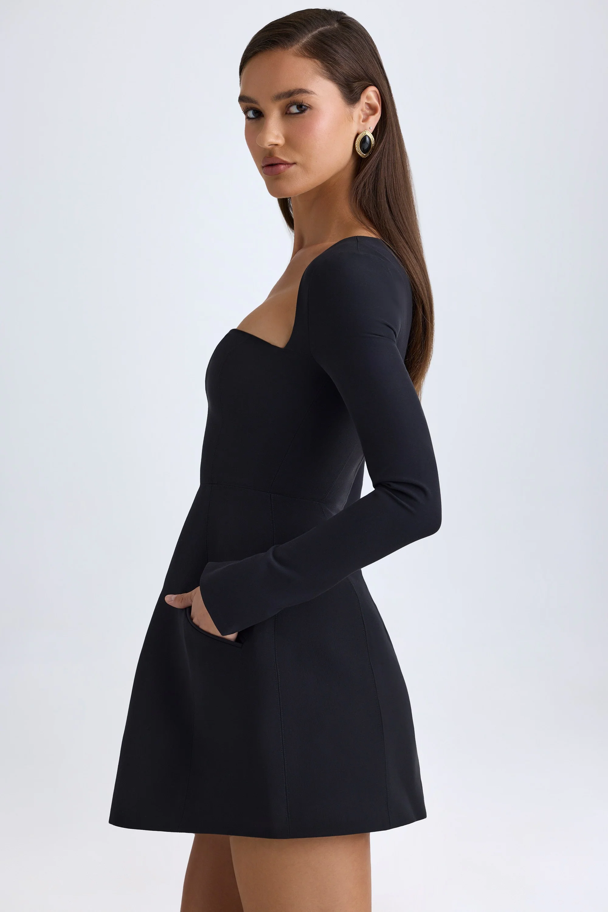 Square-Neck Structured Tulip Mini Dress in Black - Image 4