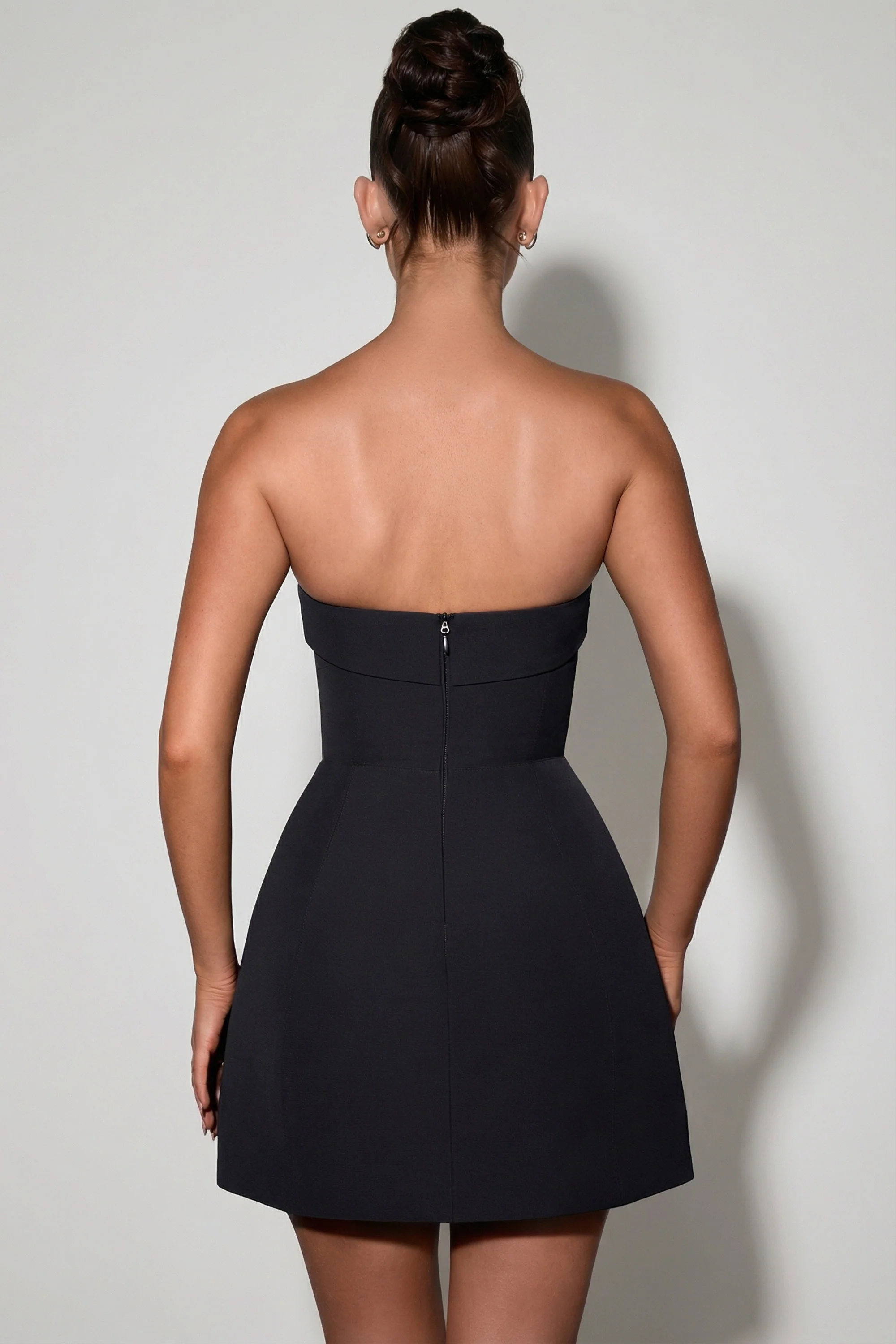 Foldover-Neck Strapless Structured A-Line Mini Dress in Black - Image 2