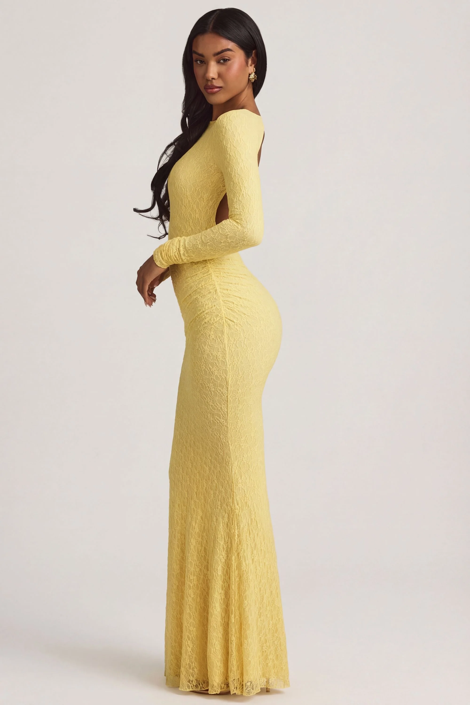 Ruched Backless Lace Maxi Dress in Pastel Yellow - Image 3