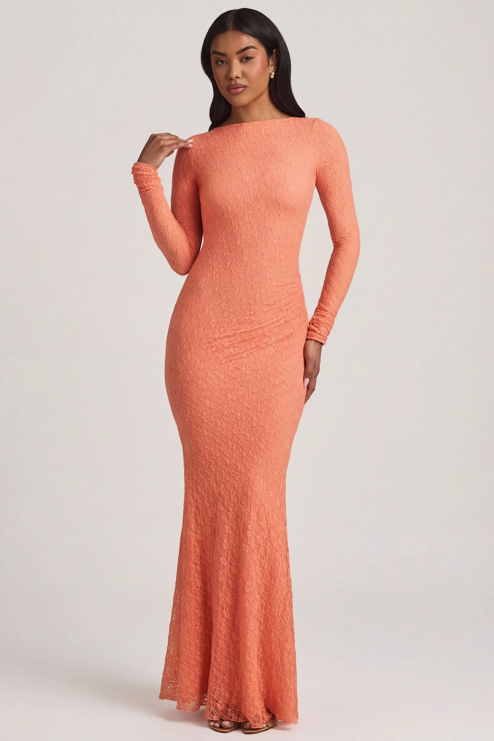 Ruched Backless Lace Maxi Dress in Peach - Image 2