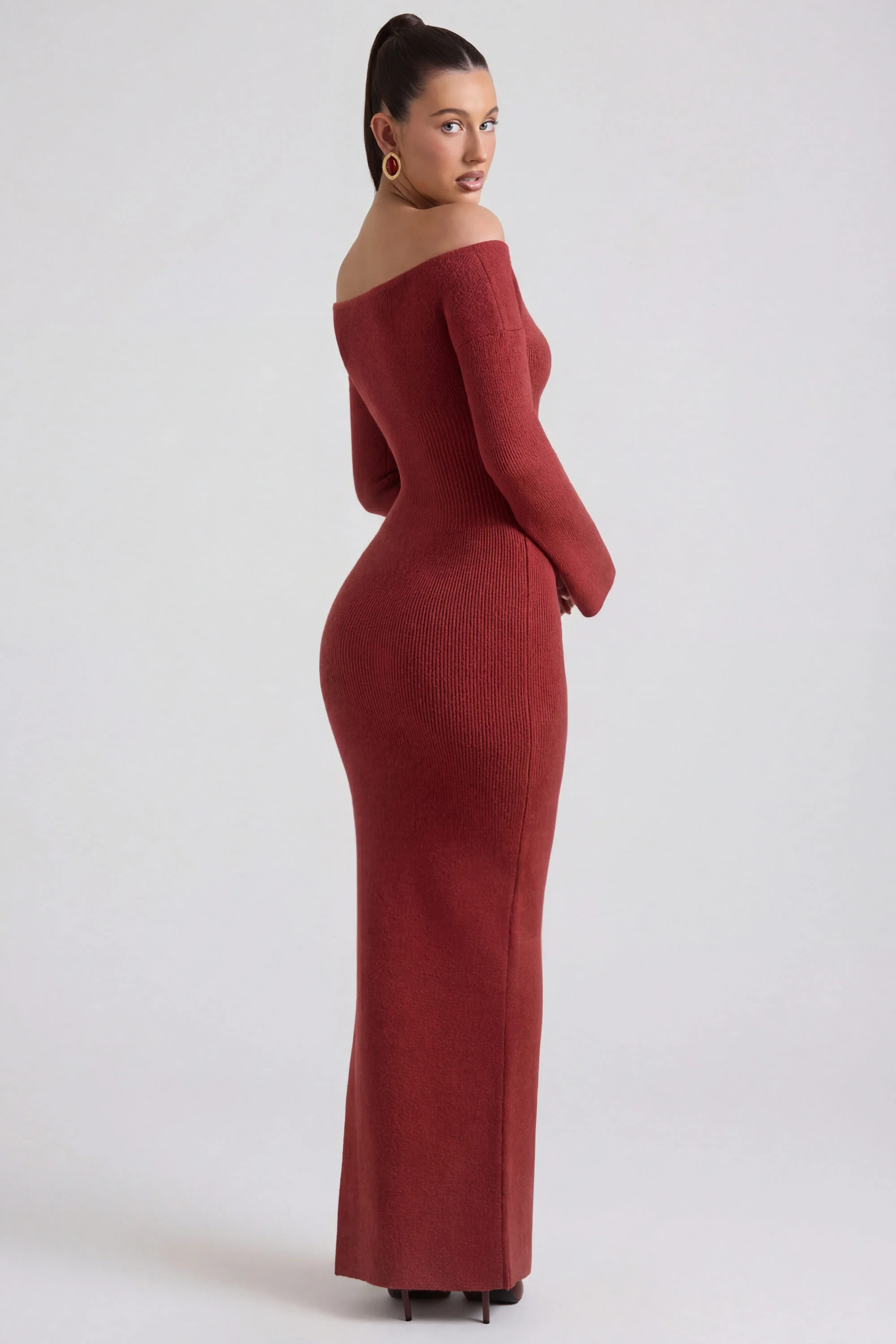 Ribbed-Knit Off-Shoulder Maxi Dress in Brick Red - Image 2