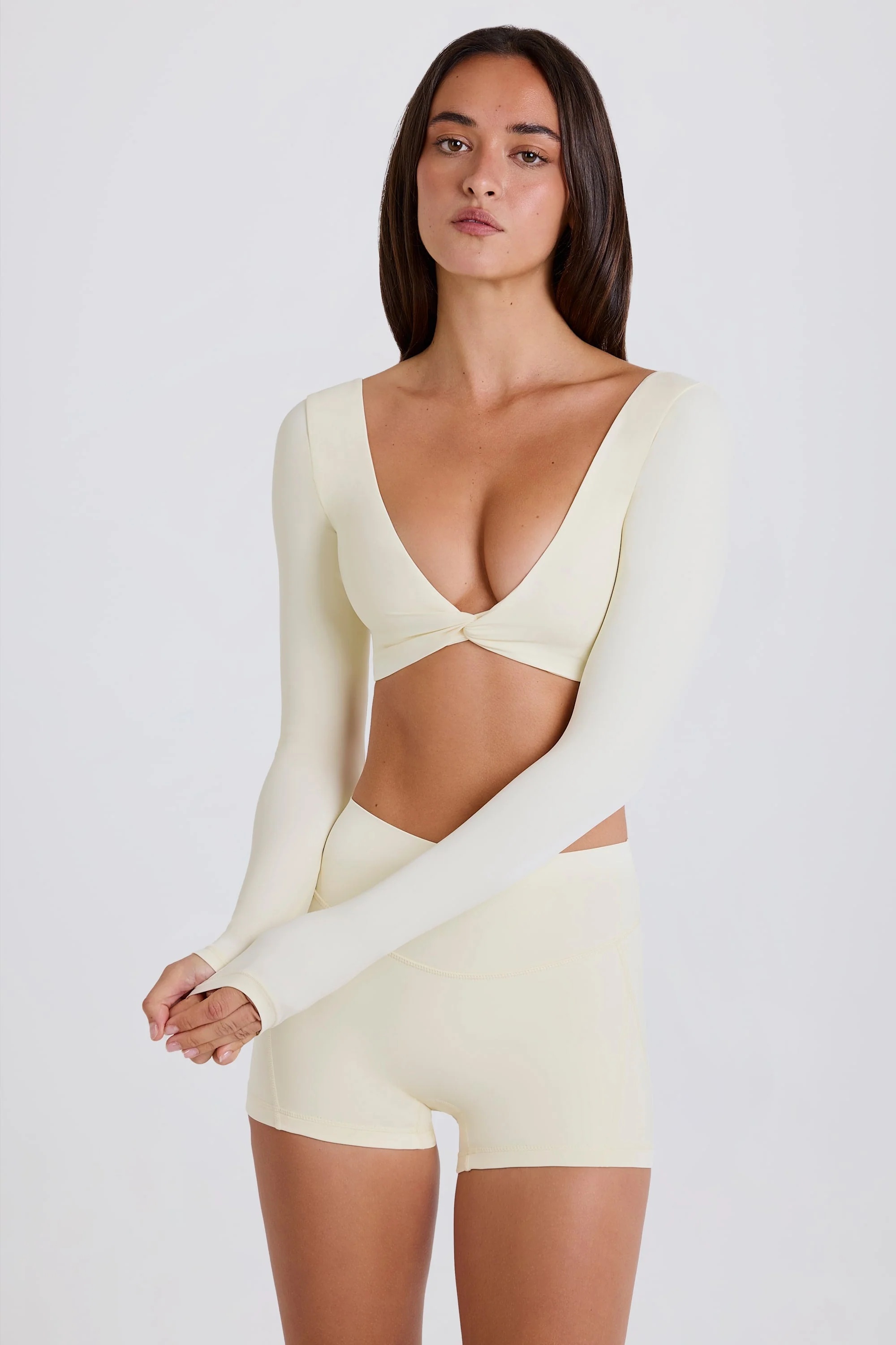 Four-Way Stretch Multiway Long-Sleeve Crop Top in Cream - Image 6