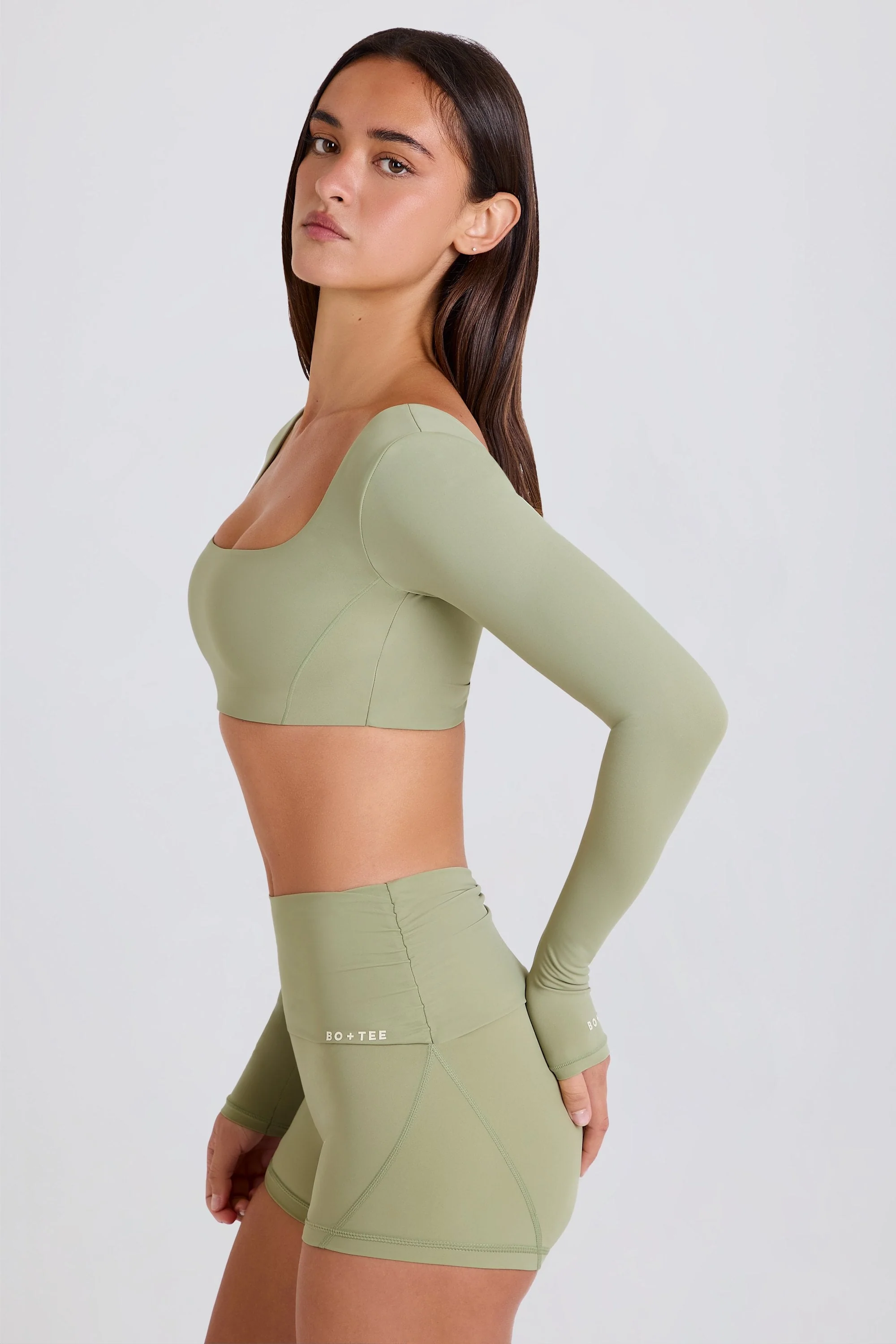 Four-Way Stretch Multiway Long-Sleeve Crop Top in Matcha - Image 3