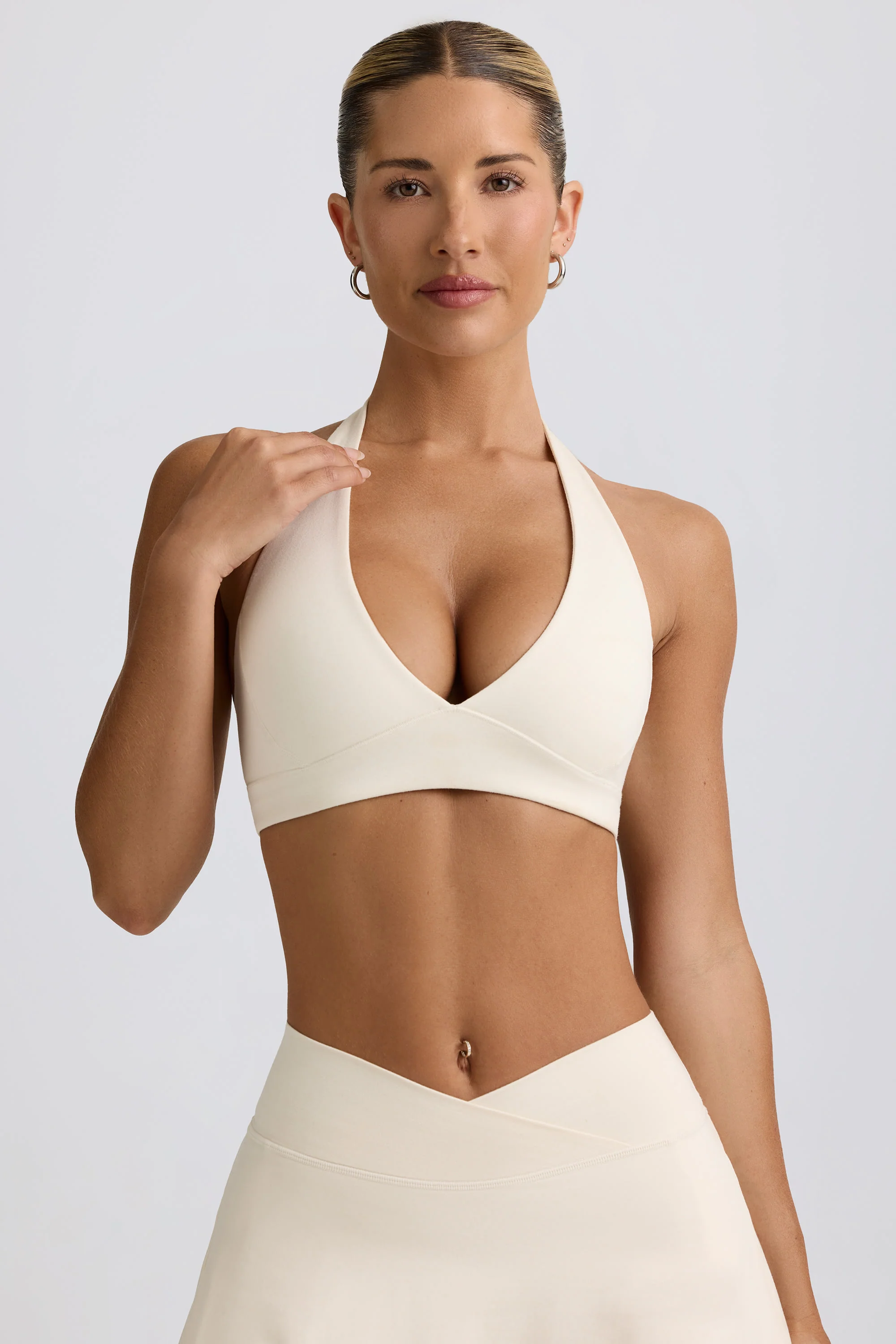 Brushed Jersey V-Neck Sports Bra in Ivory Marl - Image 4