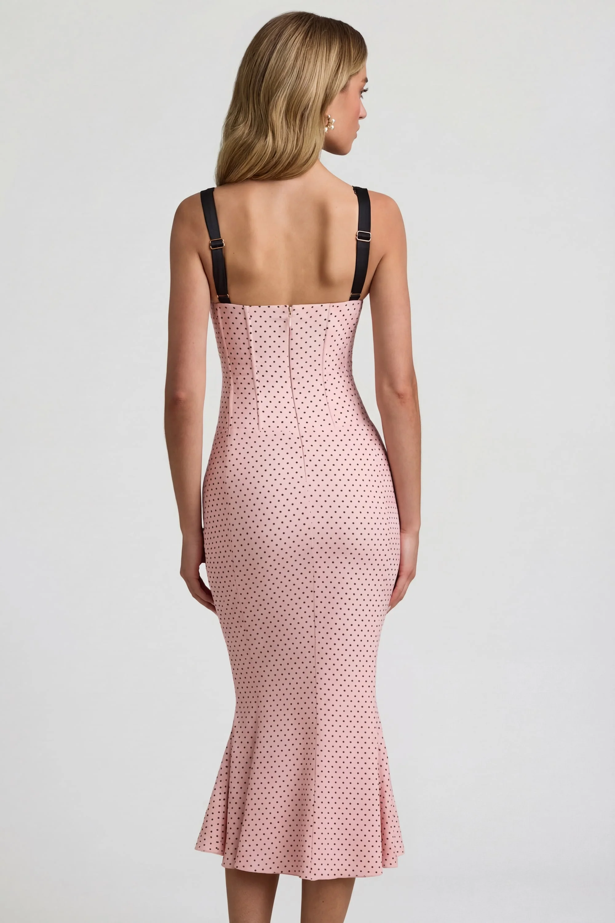Layered Bra-Detail Fishtail Midaxi Dress in Pink Polka Dot - Image 2