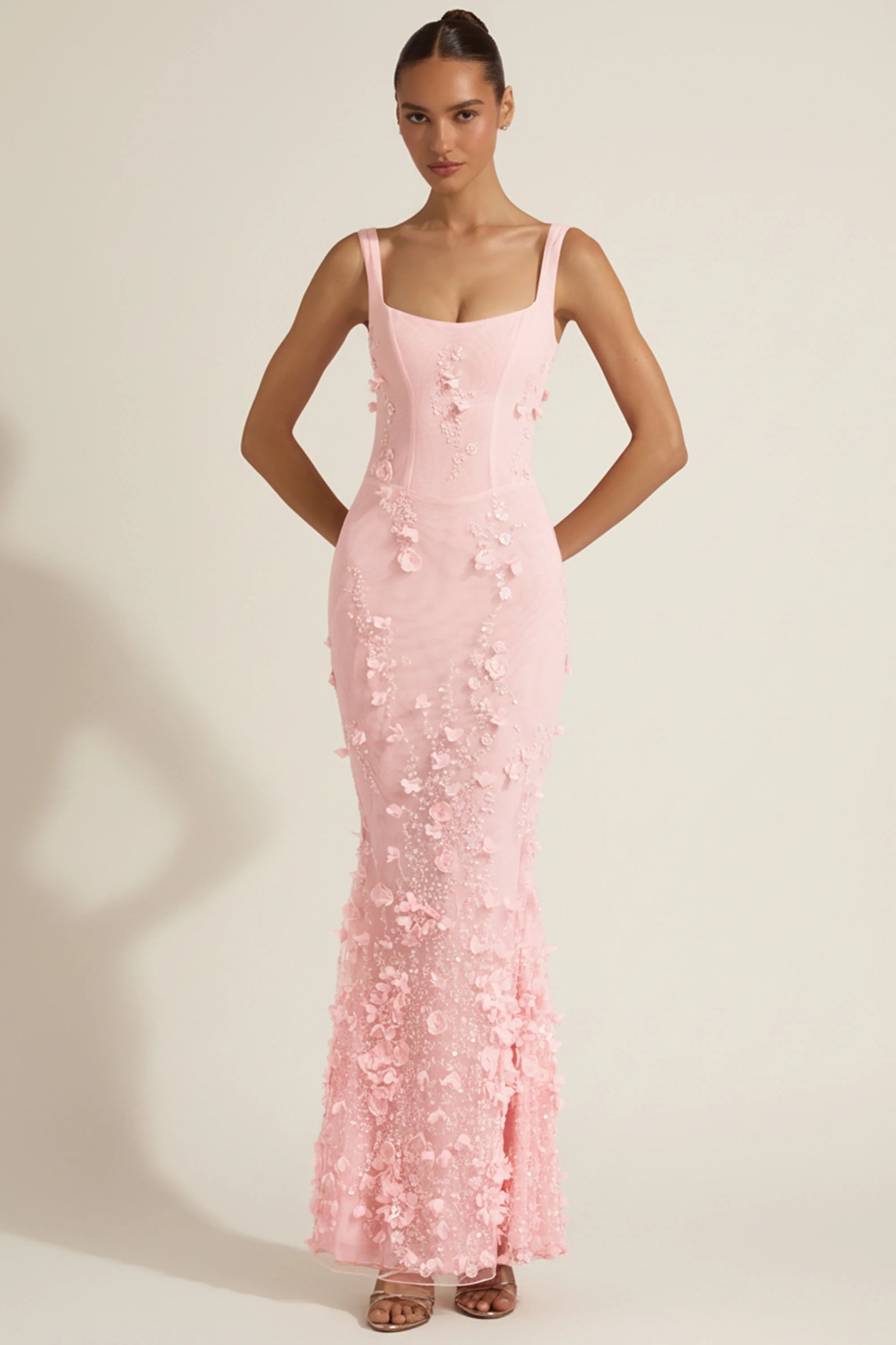 Embellished Appliqué Soft-Scoop Corset Gown in Pink - Image 6