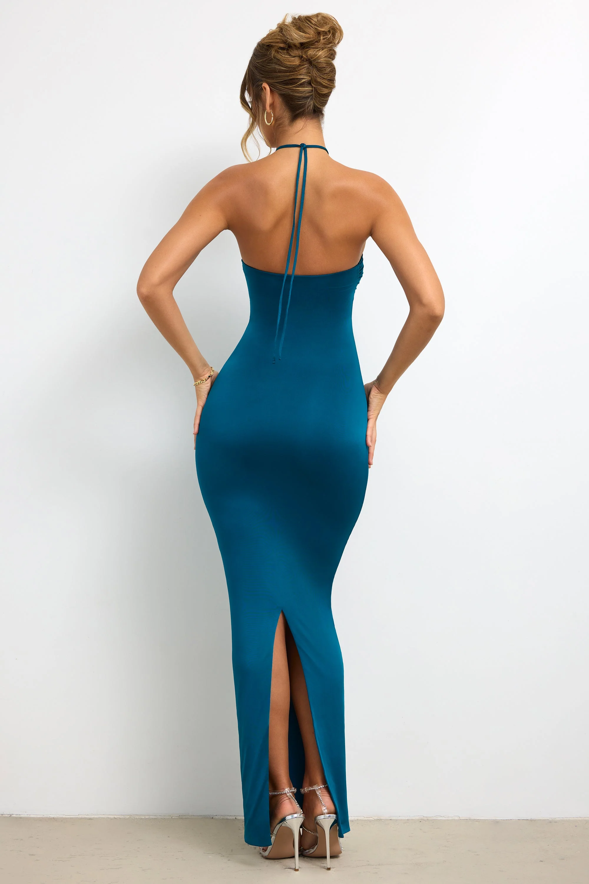Slinky Jersey Rose Detail Halter Neck Maxi Dress in Dark Teal - Image 2