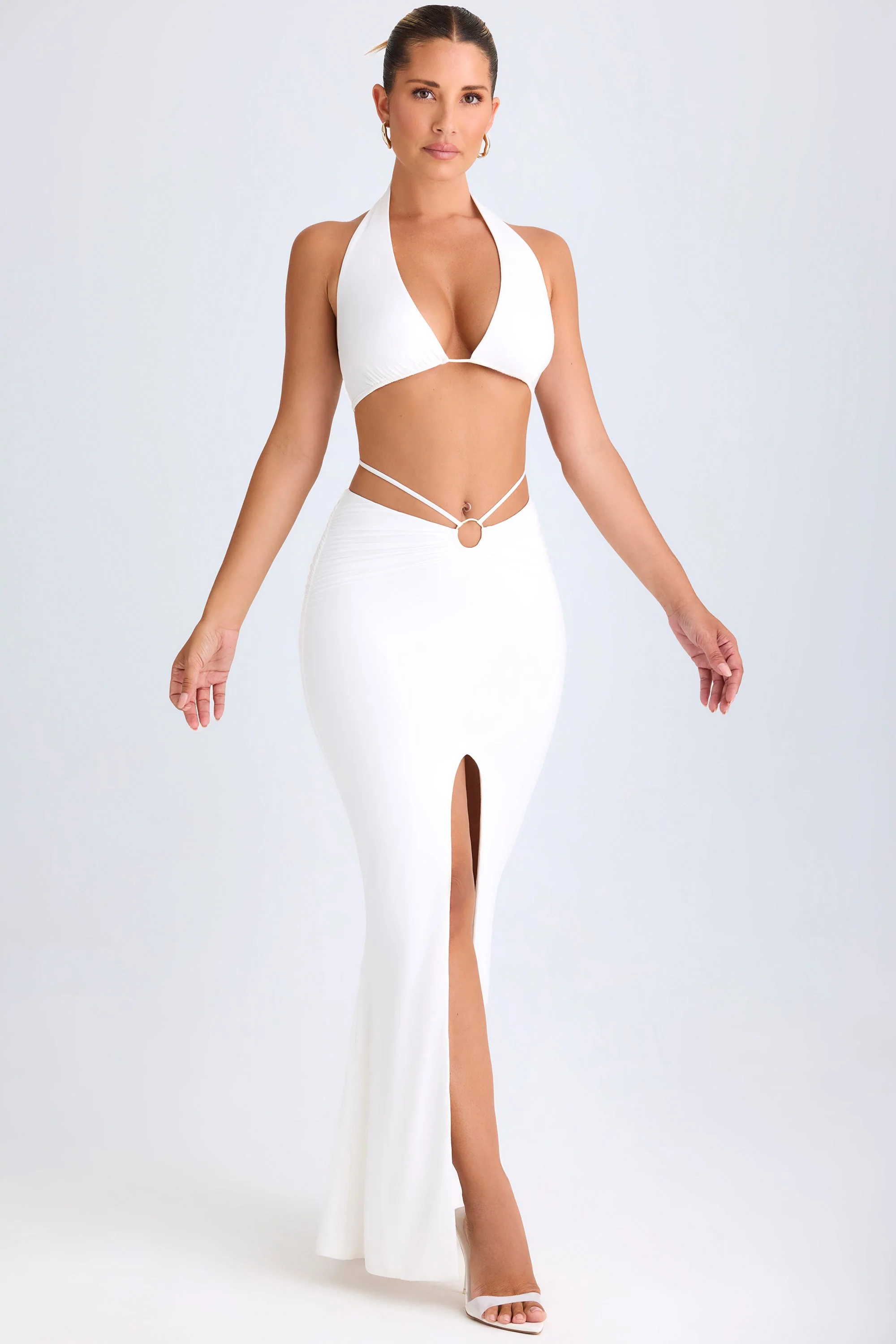 Plunge Hardware-Detail Halterneck Crop Top in White - Image 5