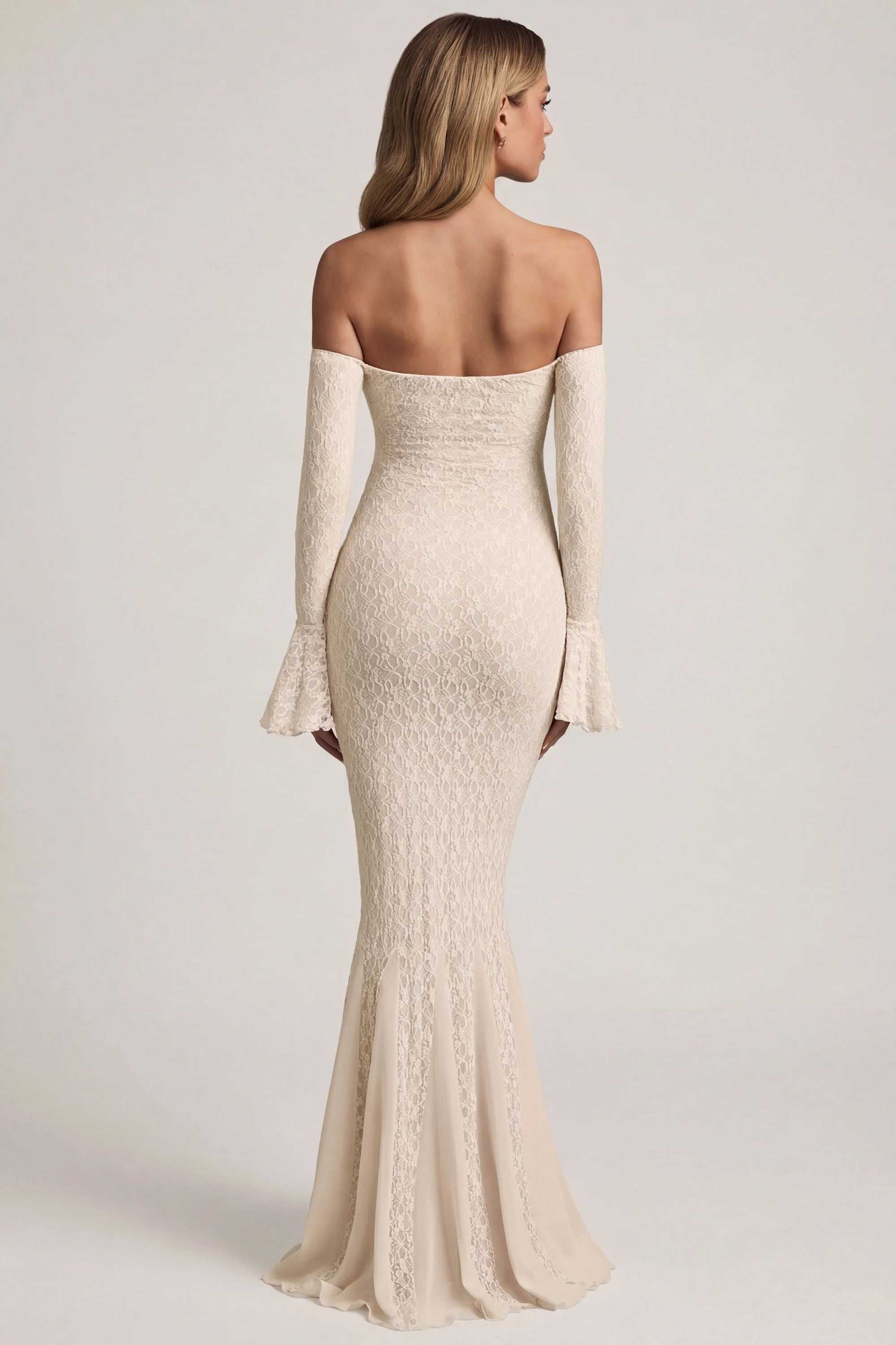 Off-Shoulder Ruffle Lace Maxi Dress in Ivory - Image 2