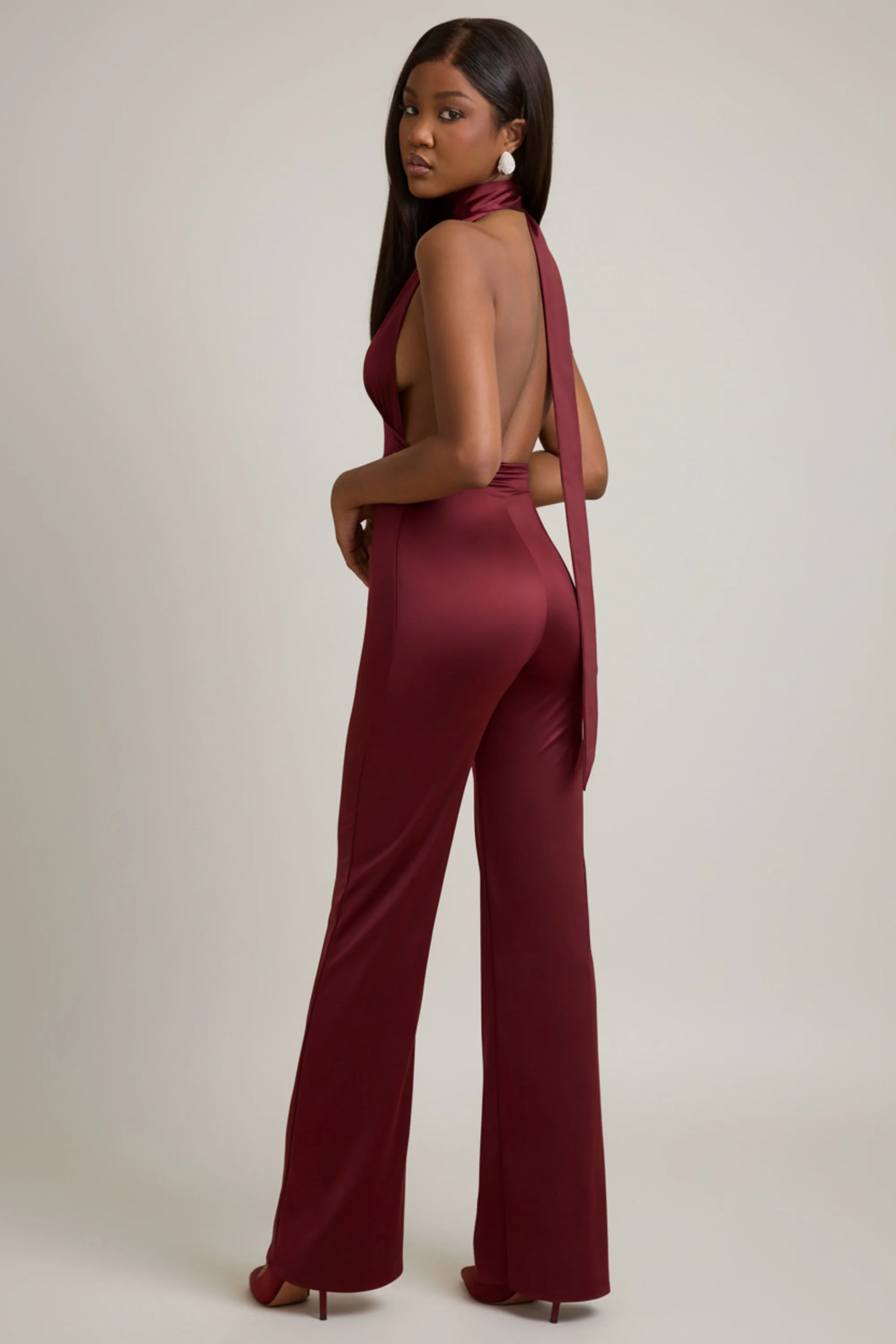 Scarf-Detail Halterneck Jumpsuit in Wine Red - Image 2