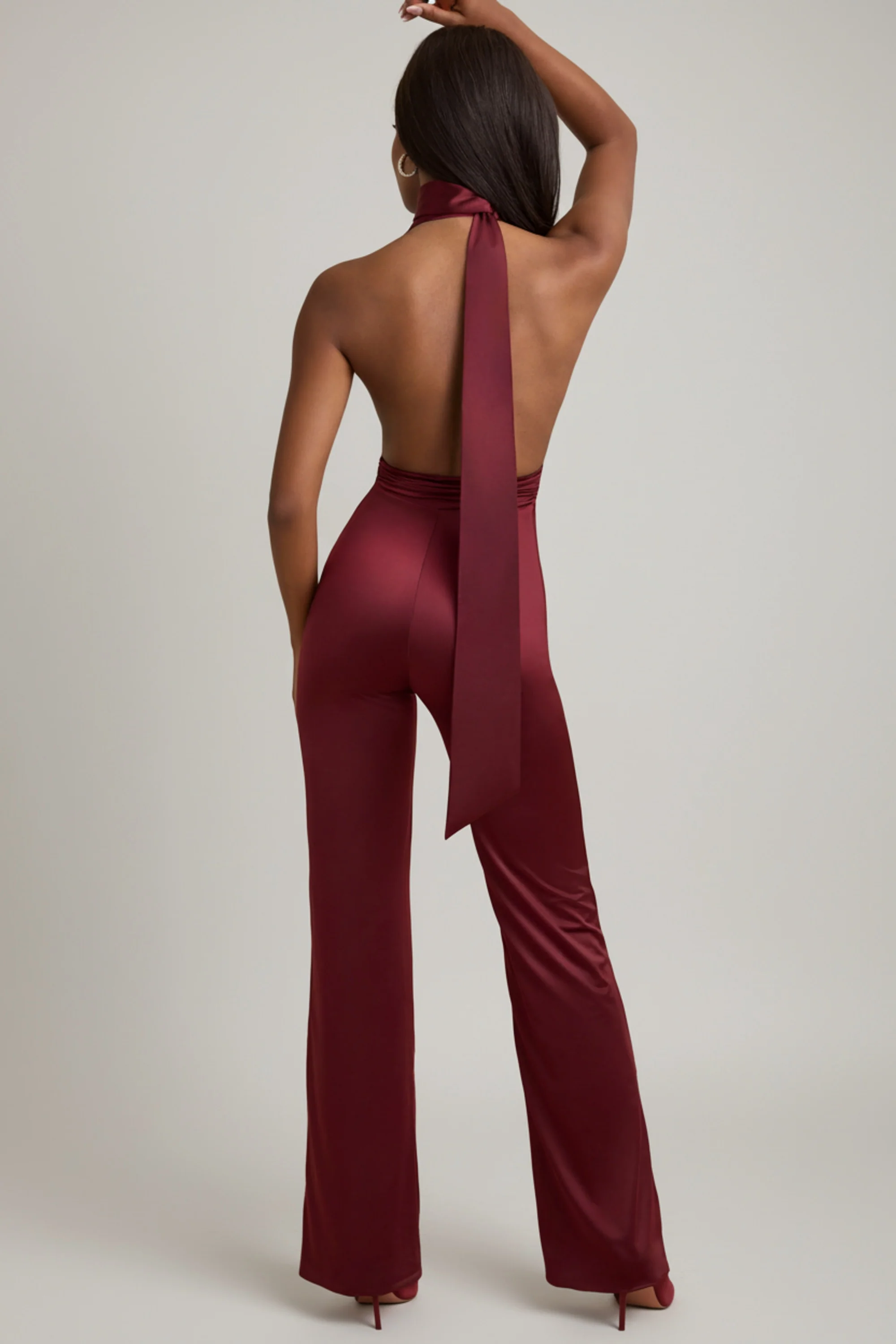 Scarf-Detail Halterneck Jumpsuit in Wine Red - Image 3