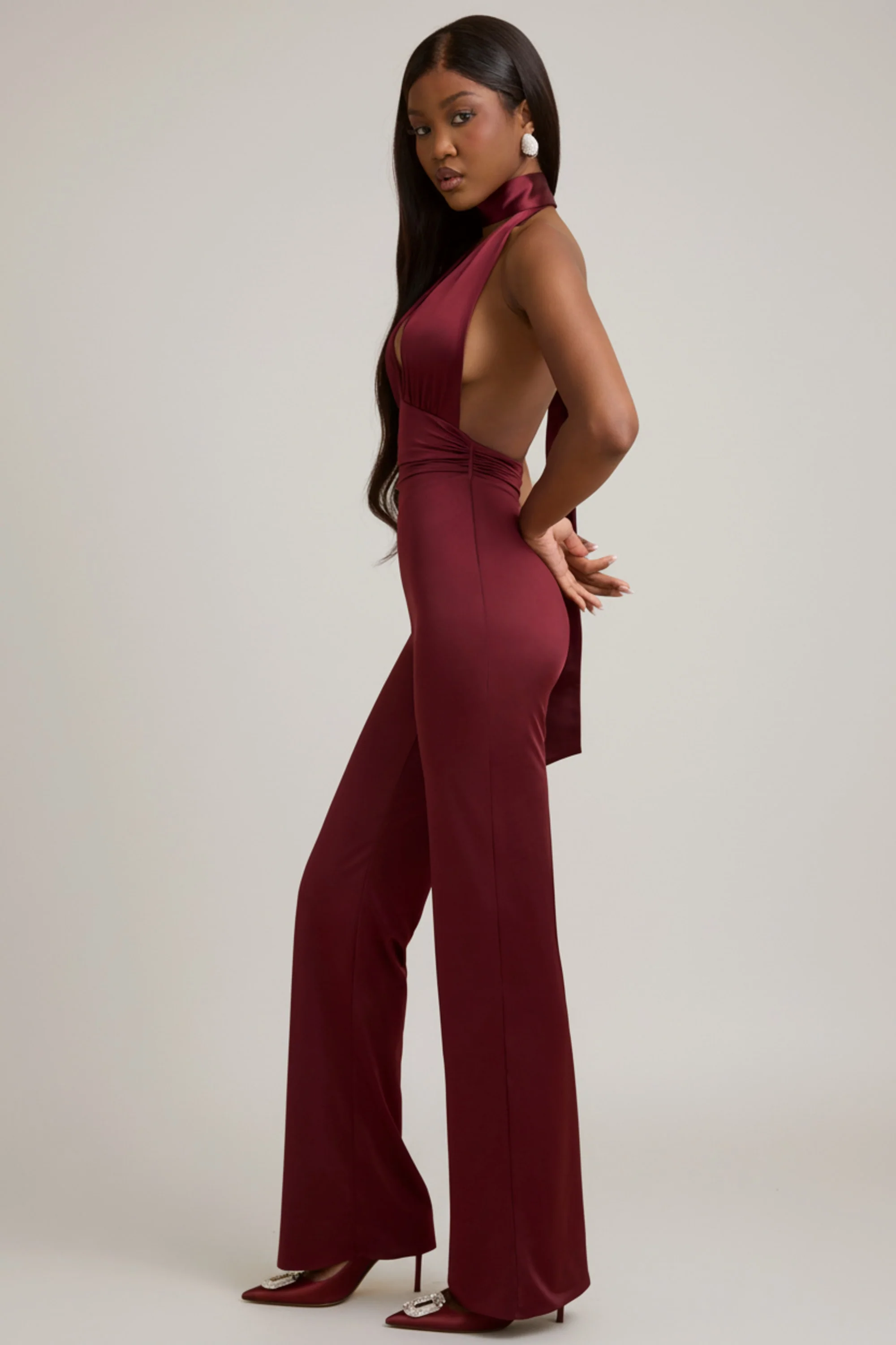 Scarf-Detail Halterneck Jumpsuit in Wine Red - Image 4