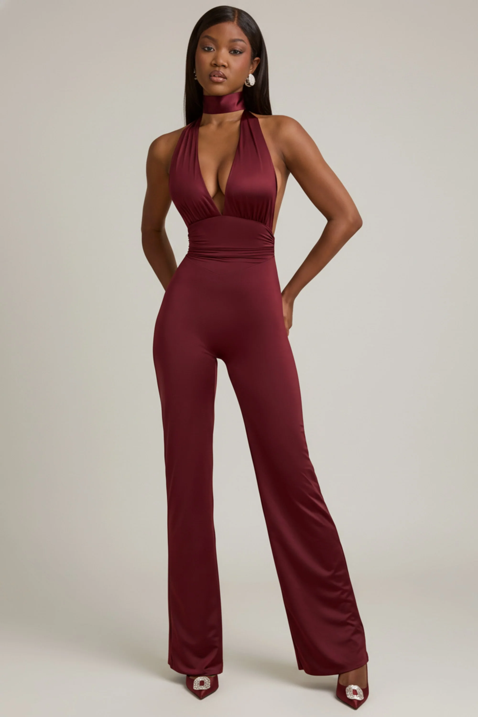 Scarf-Detail Halterneck Jumpsuit in Wine Red - Image 5