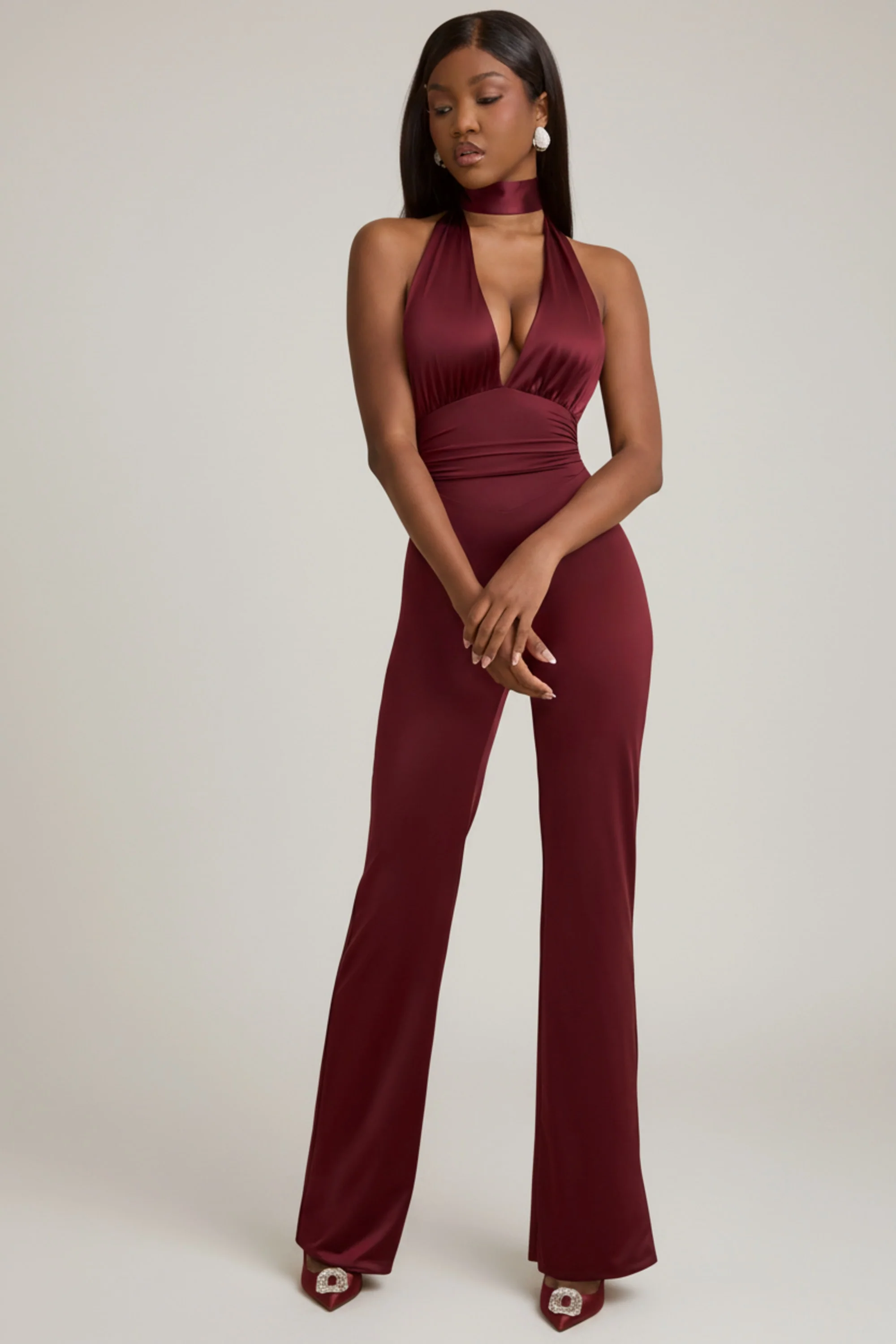 Scarf-Detail Halterneck Jumpsuit in Wine Red - Image 7