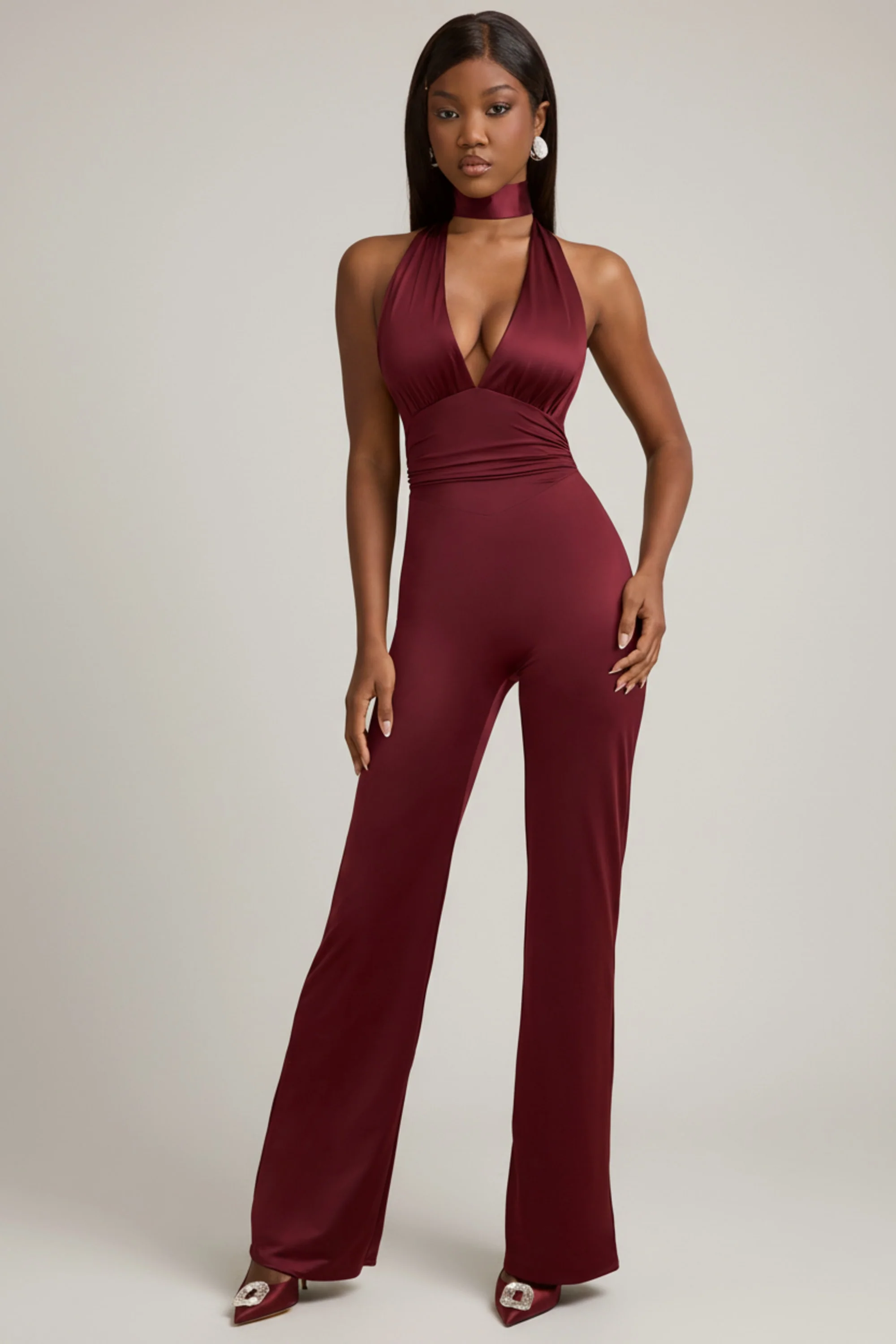 Scarf-Detail Halterneck Jumpsuit in Wine Red - Image 8