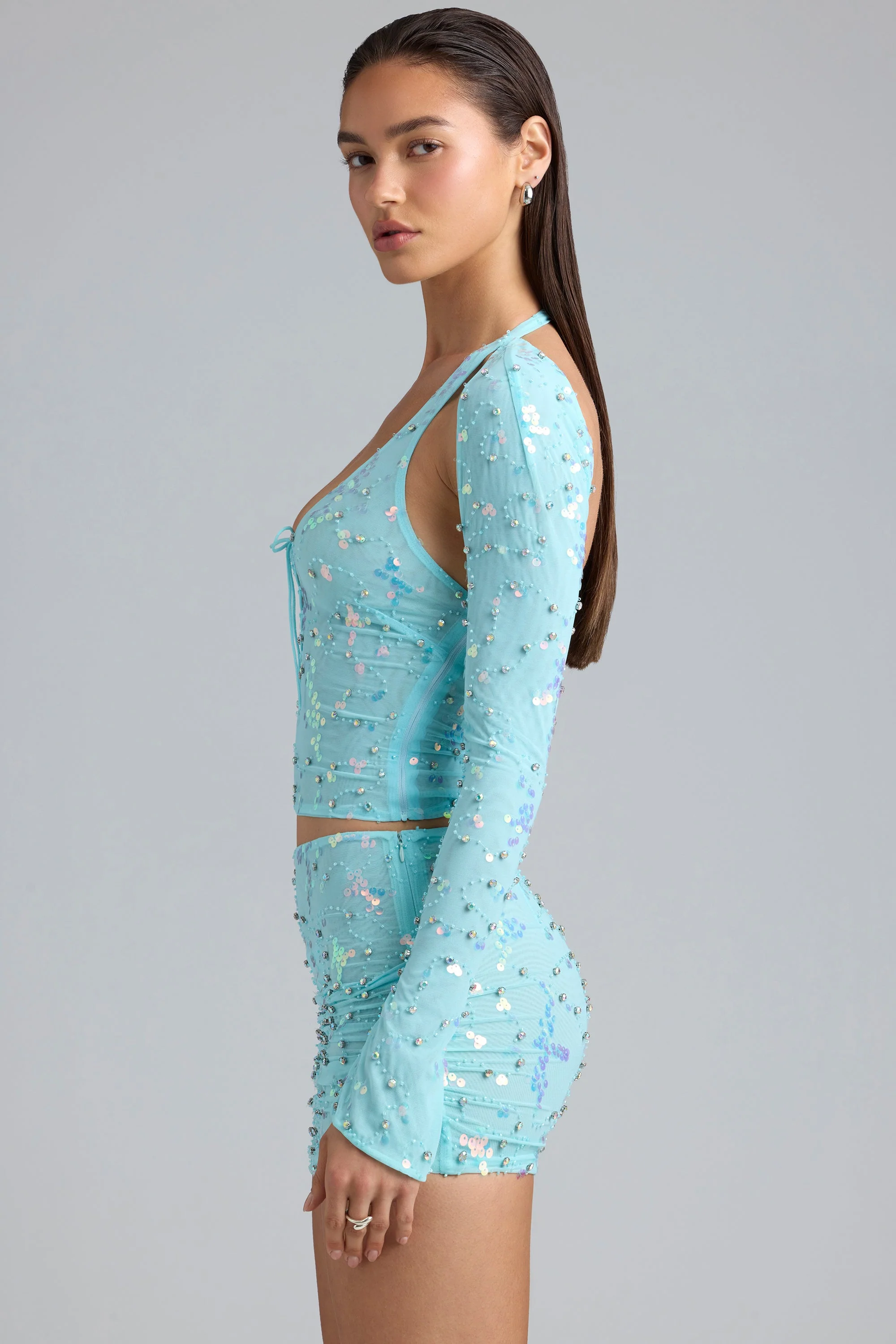 Ruched Mid-Rise Micro Mini Skirt in Ice Blue - Image 3