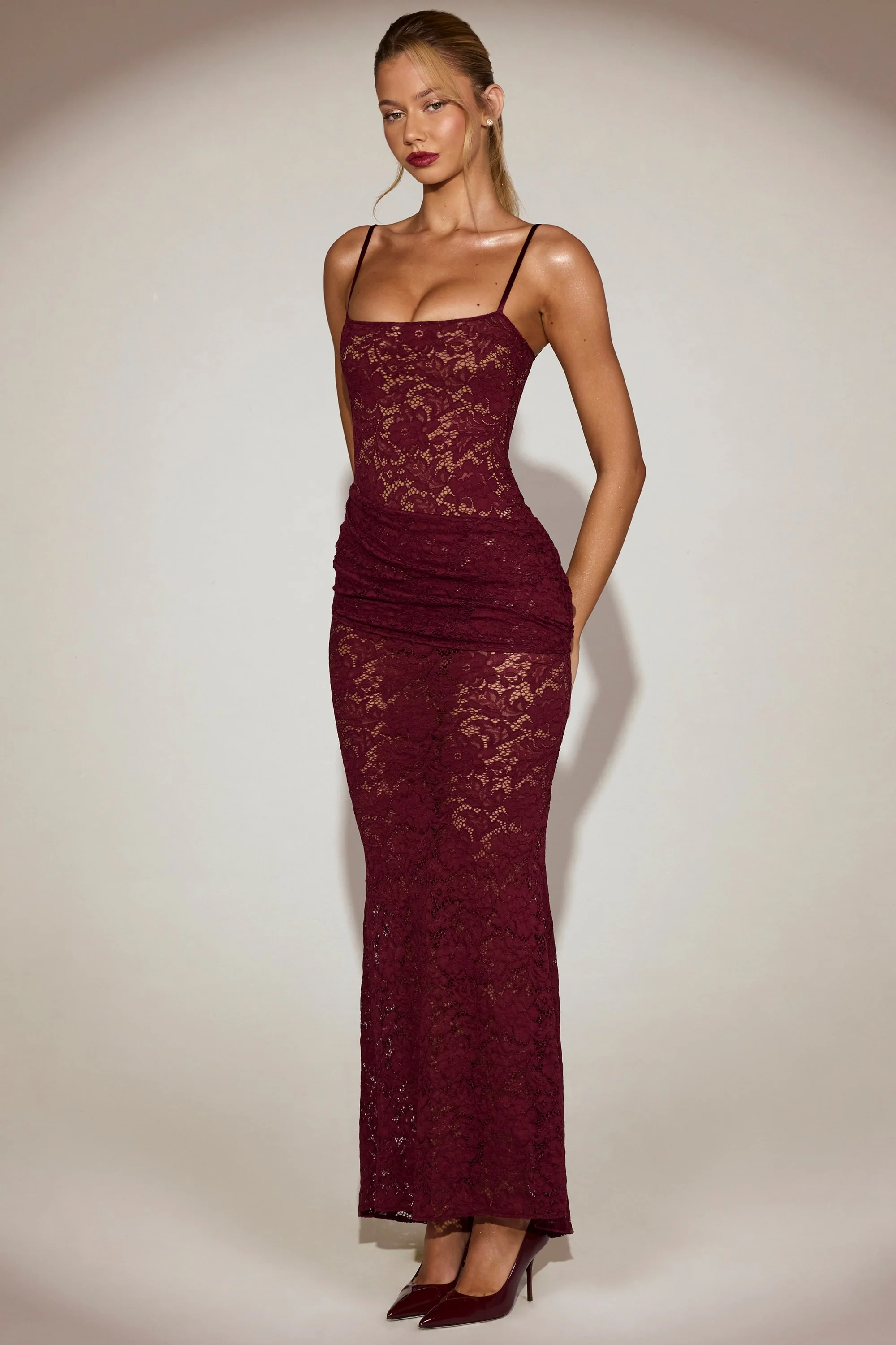 Sheer Lace Square-Neck Ruched Gown in Wine Red - Image 10