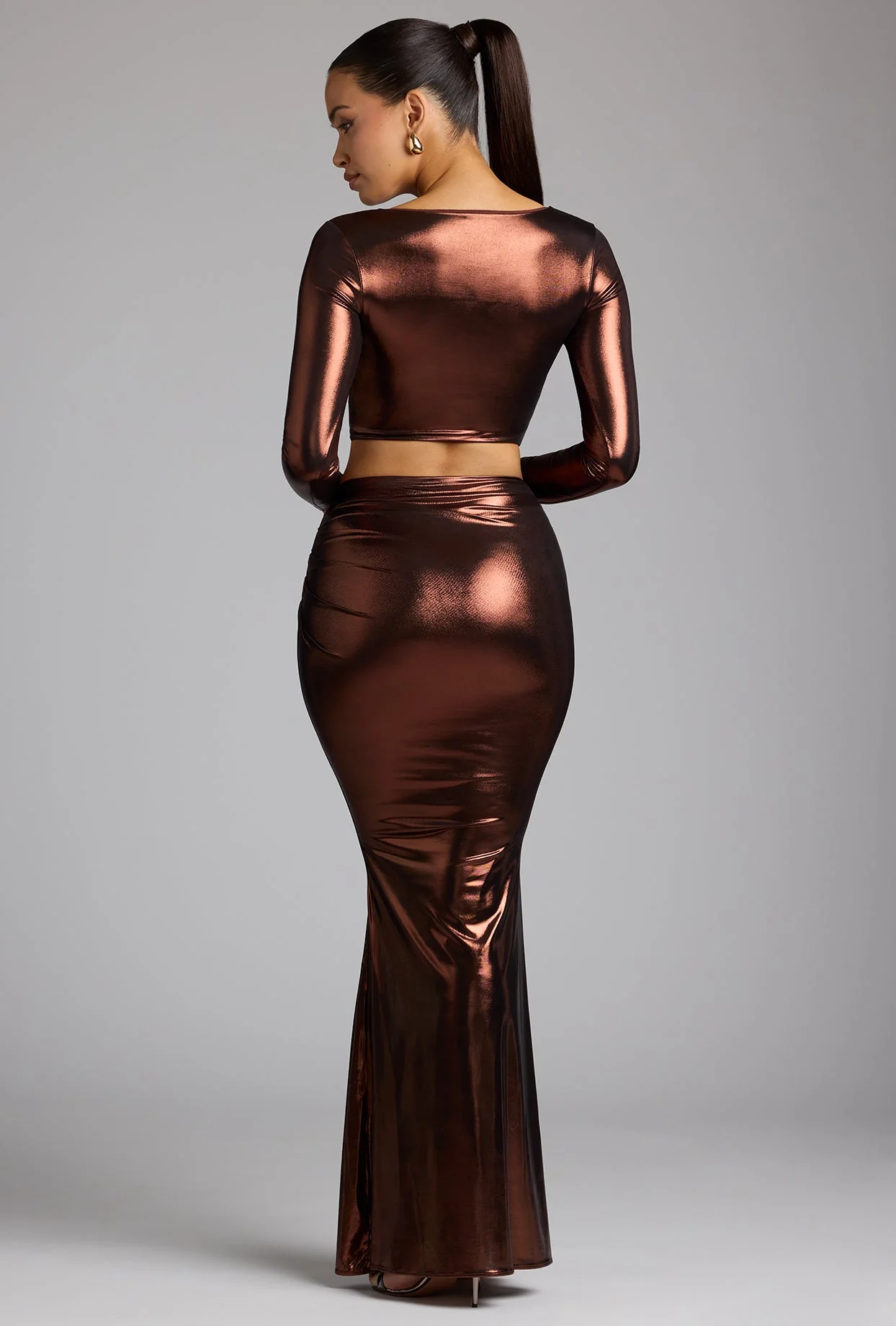 Mid Rise Metallic Jersey Gown Skirt in Copper Bronze - Image 2