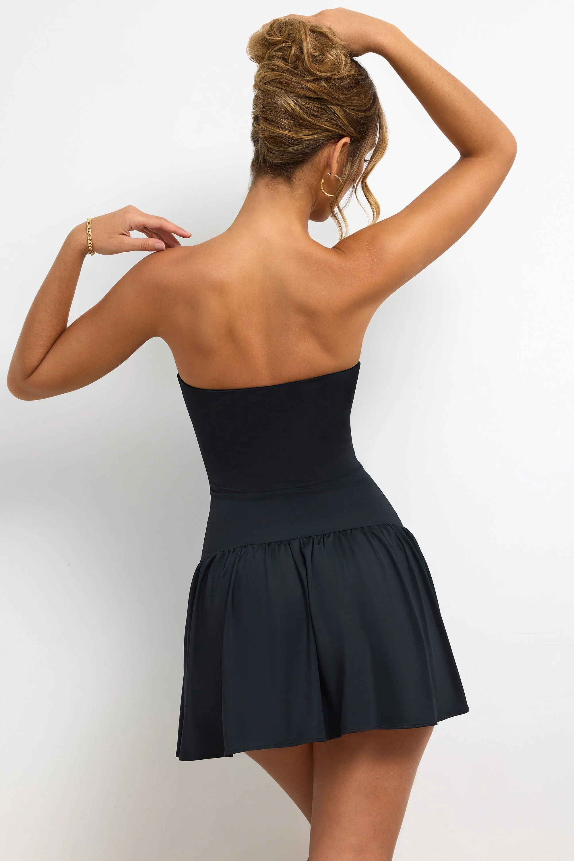 Slinky Jersey Strapless Plunge Neck Mini Dress in Black - Image 2