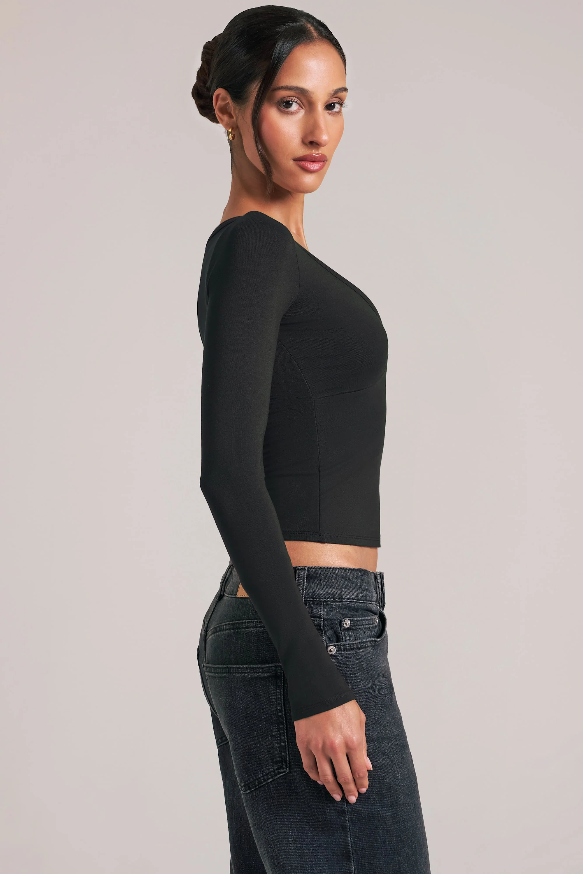 V-Neck Long-Sleeve Top in Black - Image 3